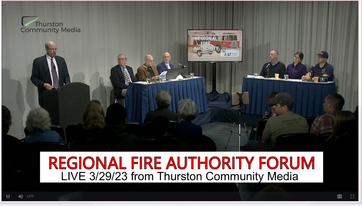 Panelists at the Regional Fire Authority Forum last Wednesday, March 26, 2023, with The JOLT Publisher Danny Stusser (standing) serving as moderator.